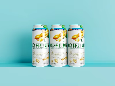 Peilin Soy Milk Canned Beverage Three Cans With Soybean Images On Light Blue Background 3d model
