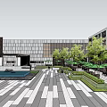 Modern Commercial Complex Featuring Outdoor Plaza Greenery and Umbrella Seating Areas