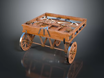 Vintage Wooden Hand Cart with Spoked Wheels and Rope Fastened Frame Structure 3d model