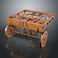 Vintage Wooden Hand Cart with Spoked Wheels and Rope Fastened Frame Structure