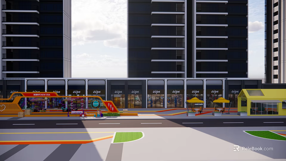 Modern Commercial Landscape With Retail Shops Outdoor Seating And Urban Architecture 3d model 