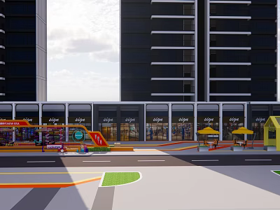 Modern Commercial Landscape With Retail Shops Outdoor Seating And Urban Architecture 3d model