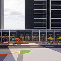 Modern Commercial Landscape With Retail Shops Outdoor Seating And Urban Architecture