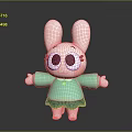 Cute Cartoon Rabbit with Big Black Eyes Pink Ears Green Shirt Skirt and Open Arms
