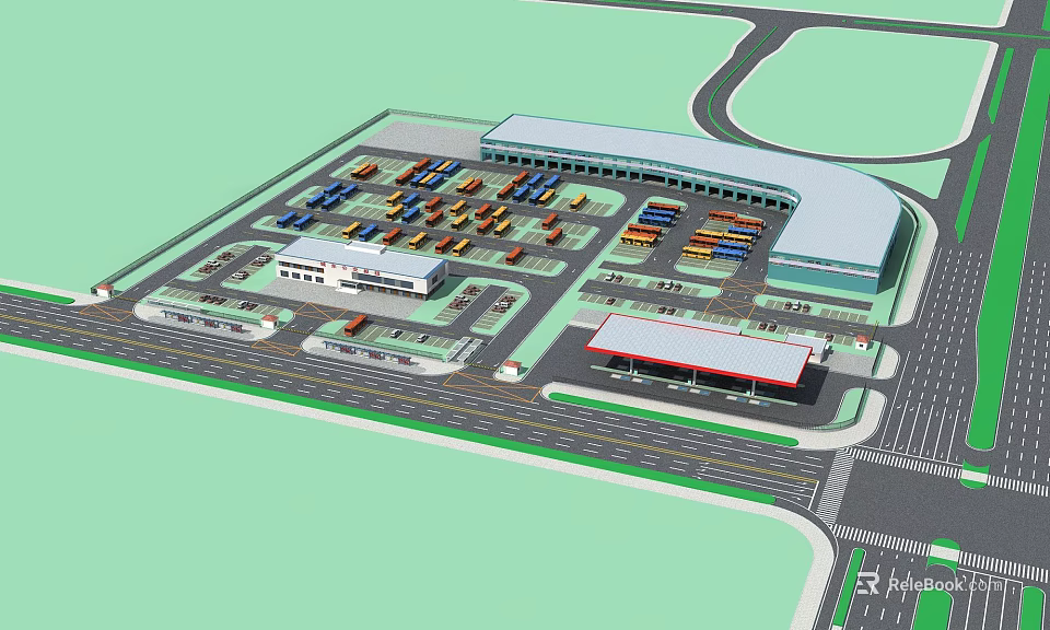 Logistics Transport Hub Layout With Cargo Trucks Parking Areas Buildings And Roads 3d model 