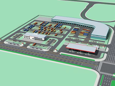 Logistics Transport Hub Layout With Cargo Trucks Parking Areas Buildings And Roads 3d model