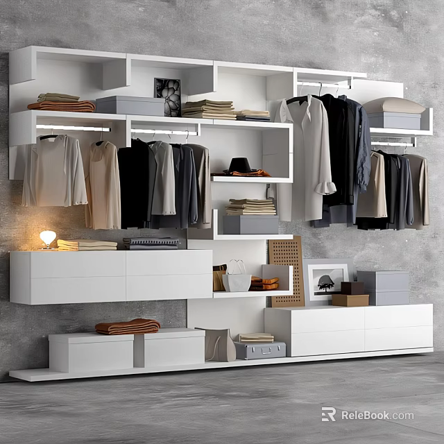 White Open Wardrobe Design With Hanging Folded Clothes Shelves And Storage Drawers 3d model 