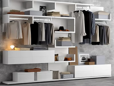 White Open Wardrobe Design With Hanging Folded Clothes Shelves And Storage Drawers 3d model