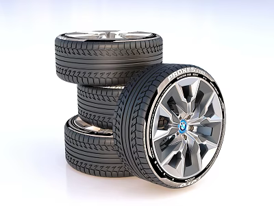 Stacked Car Tires With Metallic Alloy Wheels And Detailed Tread Patterns 3d model