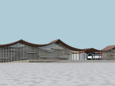 Modern Commercial Complex With Wavy Roof Wooden Facade And Glass Curtain Wall 3d model