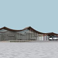 Modern Commercial Complex With Wavy Roof Wooden Facade And Glass Curtain Wall