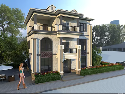 Elegant Two Story Detached Villa With Balconies Large Windows Shrubs And Paved Walkway 3d model