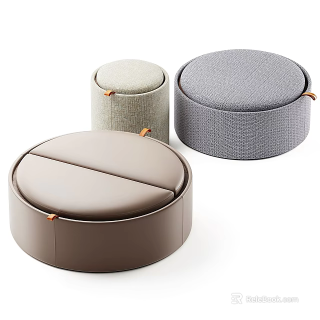 Modern Round Ottoman Set with Brown Leather Light Gray Dark Gray Fabric and Orange Handles 3d model 
