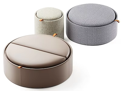Modern Round Ottoman Set with Brown Leather Light Gray Dark Gray Fabric and Orange Handles 3d model
