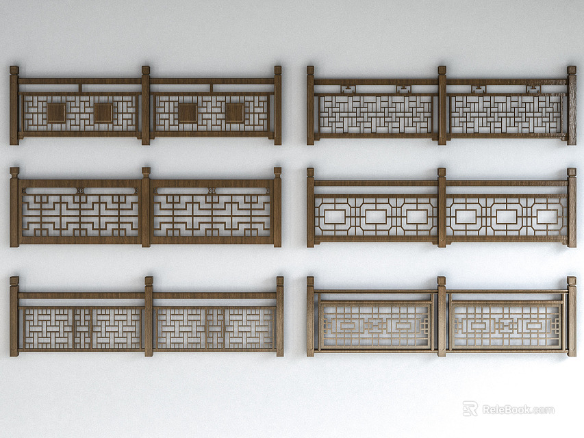 Traditional Chinese Style Wooden Fence Featuring Carved Lattice Panels And Decorative Designs 3d model 
