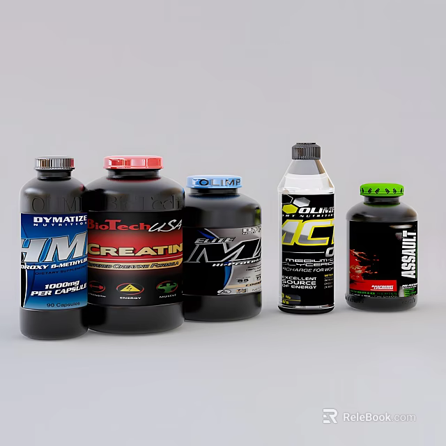 Essential Fitness Nutrition Supplement Bottles from Various Brands in Different Colors 3d model 