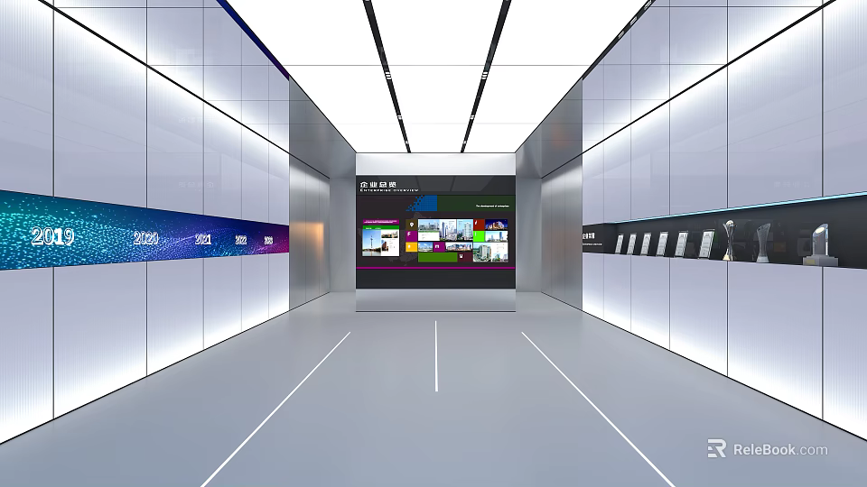 Modern Exhibition Hall Interior With Large Digital Screen And Product Display Cabinets 3d model 