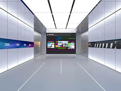Modern Exhibition Hall Interior With Large Digital Screen And Product Display Cabinets 3d model