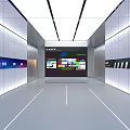 Modern Exhibition Hall Interior With Large Digital Screen And Product Display Cabinets