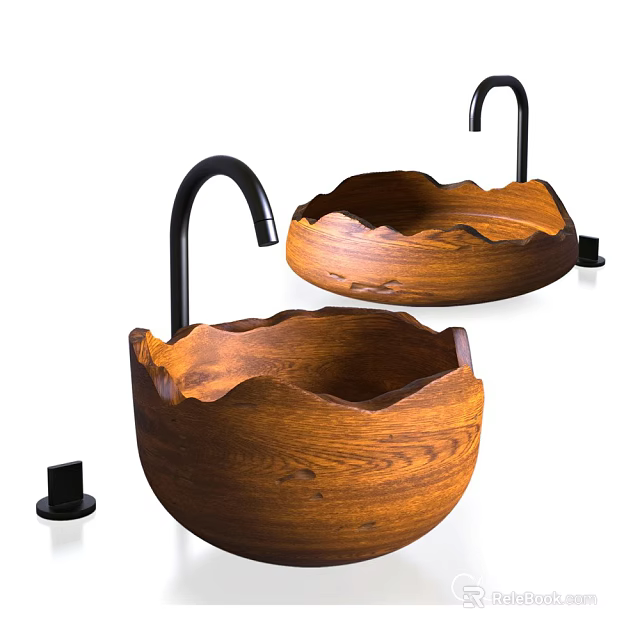 Two Bowl Shaped Wooden Washbasins With Black Faucets And Natural Texture 3d model 