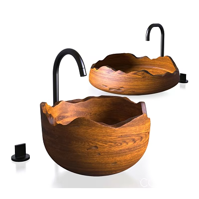 Two Bowl Shaped Wooden Washbasins With Black Faucets And Natural Texture 3d model