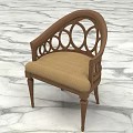 Stylish Leisure Chair Featuring Wooden Frame Circular Cutout Backrest And Fabric Seat On Marble Floor