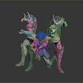 Three Armored Characters With Blue Teal Hair In Dynamic Action Poses