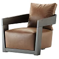 Modern Brown Leather Single Sofa With Wooden Armrests And Comfortable Cushion Design