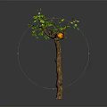 Cartoon Tree Scene With Green Leaves Small Yellow House And Brown Trunk On Dark Background