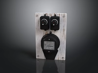 Electrical Control Device With Wooden Base Two Black Knob Switches And Meter Gauge 3d model