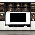 Modern TV Wall Unit With Storage Shelves Decorative Ornaments And LED Lighting
