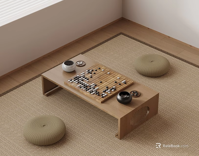 Japanese Style Go Game Setting With Low Wooden Table And Round Cushions 3d model 