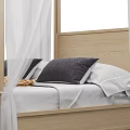Natural Wood Frame Double Canopy Bed With White Sheer Curtains And Comfortable Bedding For Bedroom
