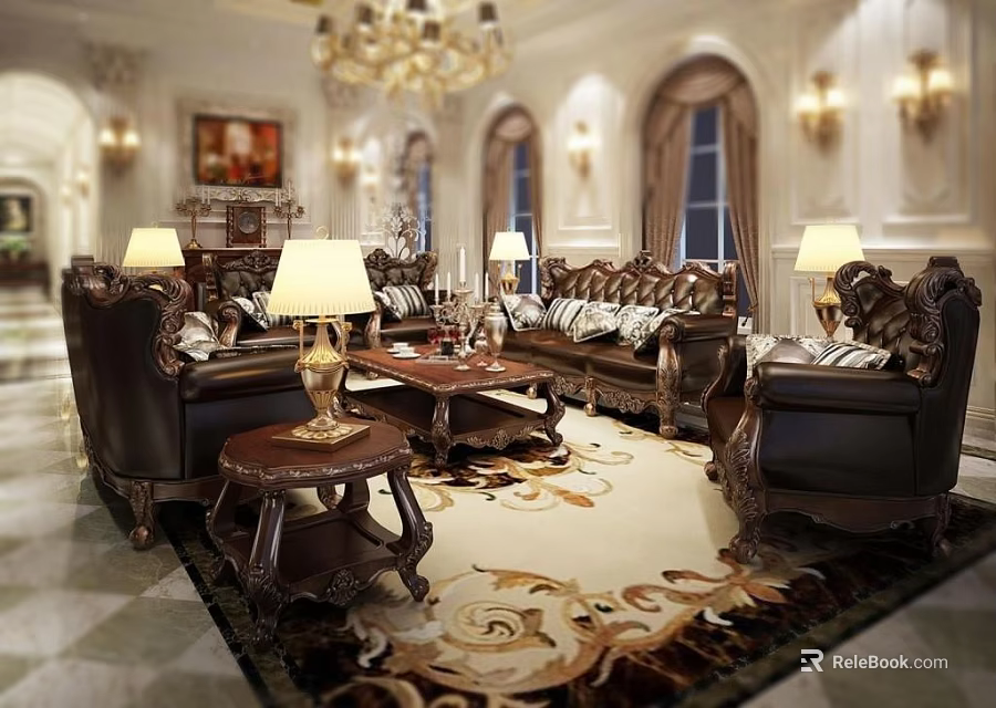 Luxurious Classic Living Room Interior With Leather Sofa Wooden Coffee Table Set And Ornate Carpet 3d model 