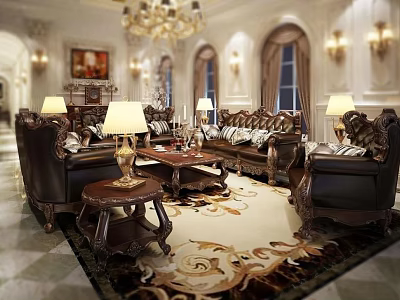 Luxurious Classic Living Room Interior With Leather Sofa Wooden Coffee Table Set And Ornate Carpet 3d model