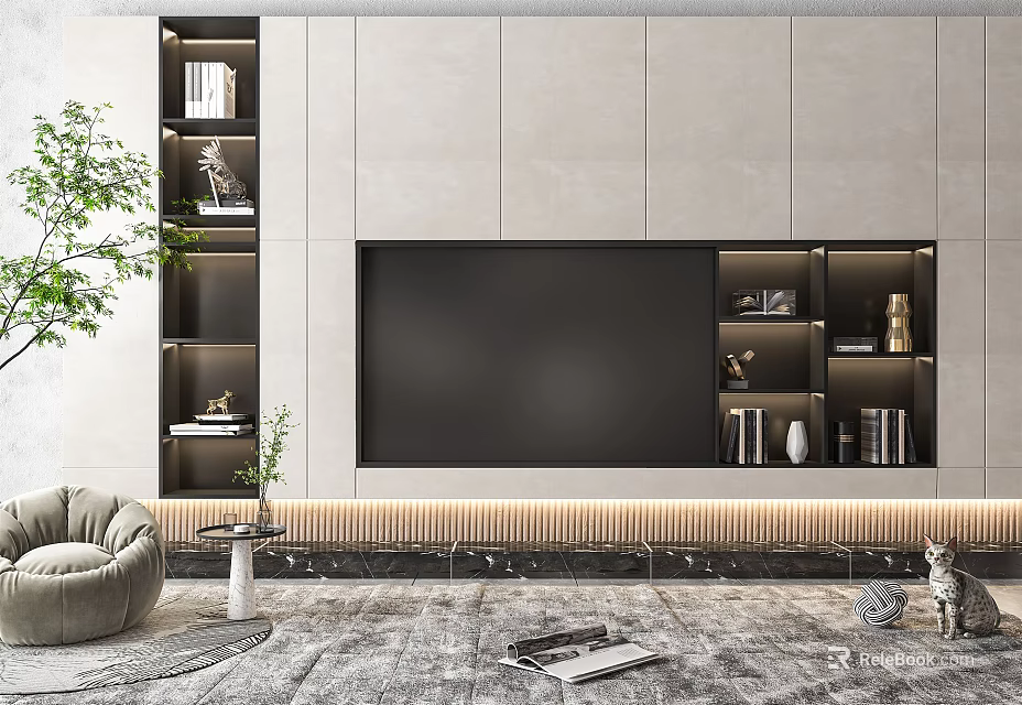 Modern TV Wall Unit With Open Shelves LED Strip And Decorative Items In Living Room 3d model 