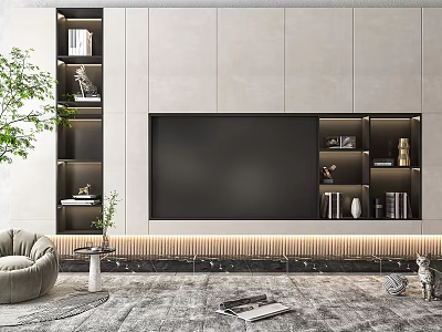 Modern TV Wall Unit With Open Shelves LED Strip And Decorative Items In Living Room 3d model