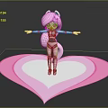 3D Game Movie Character With Pink Hair Cat Ears Standing On Heart Platform Arms Outstretched