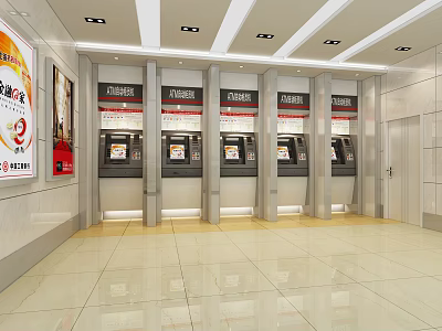 Modern Public Facility With ATM Machines Posters And Bright Lighting In Bank Interior 3d model