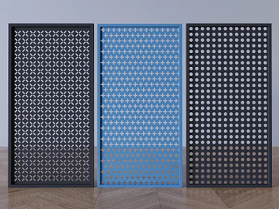 Three Different Design Decorative Fence Panels With Black Blue Geometric Dot And Perforated Patterns 3d model