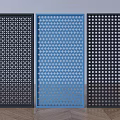 Three Different Design Decorative Fence Panels With Black Blue Geometric Dot And Perforated Patterns