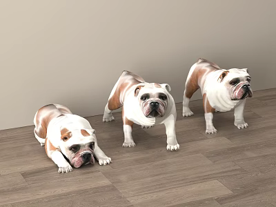 The picture mainly shows three bulldogs, not reptiles, so it's impossible to generate an English title with "reptiles" as the main subject based on the key information of the picture. 3d model