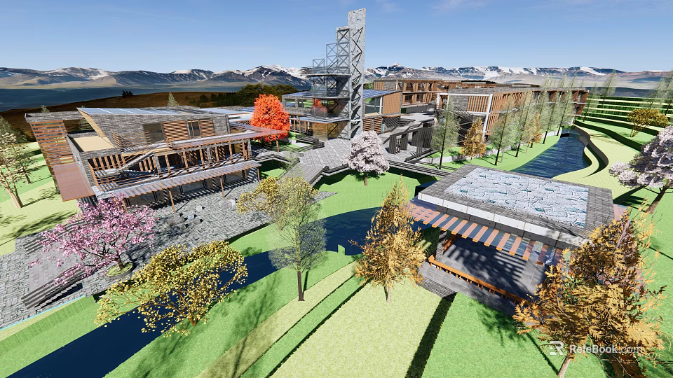 Homestay Buildings With River Trees And Courtyard In Natural Landscape Design 3d model 