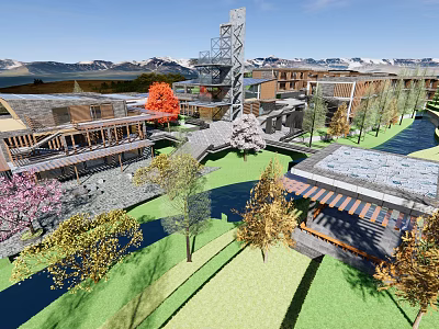Homestay Buildings With River Trees And Courtyard In Natural Landscape Design 3d model