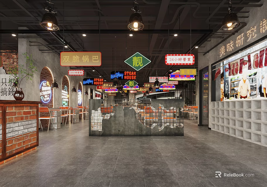 Hotpot Restaurant Modern Interior Design With Colorful Signs And Double Crispy Rice Cakes 3d model 