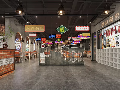 Hotpot Restaurant Modern Interior Design With Colorful Signs And Double Crispy Rice Cakes 3d model