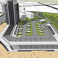 Modern Architectural Complex Featuring Tall Building Large Low-Rise Structure Parking Lot Greenery Roads And Pedestrians