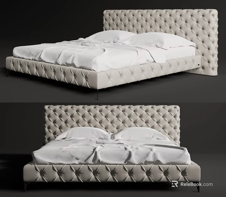 Modern Double Bed With Tufted Headboard And Beige Upholstered Frame 3d model 