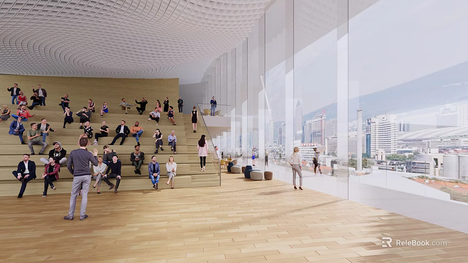 School Modern Atrium Space With Students Activities And Glass Walls Design 3d model 