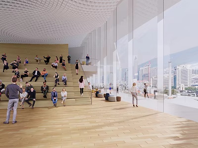 School Modern Atrium Space With Students Activities And Glass Walls Design 3d model